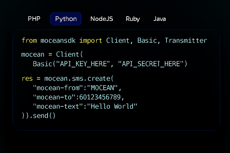 Python code example using Mocean’s SMS API for fast message delivery in Malaysia
