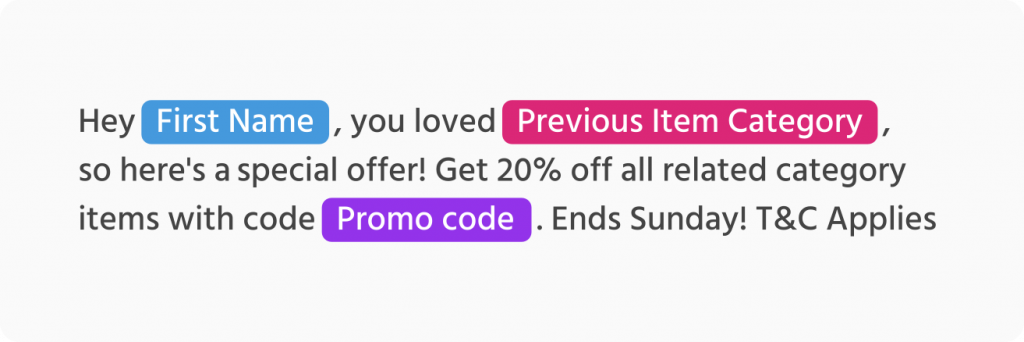 Example of personalised SMS Messaging Campaign from Mocean dashboard using customer name, purchase history, and promo codes in Malaysia.
