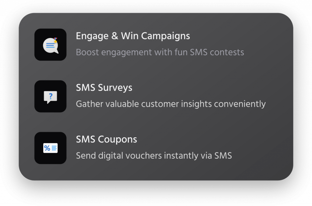 Mocean SMS Messaging Campaign dashboard features: run SMS contests, gather customer insights with surveys, and send digital vouchers via SMS coupons in Malaysia.