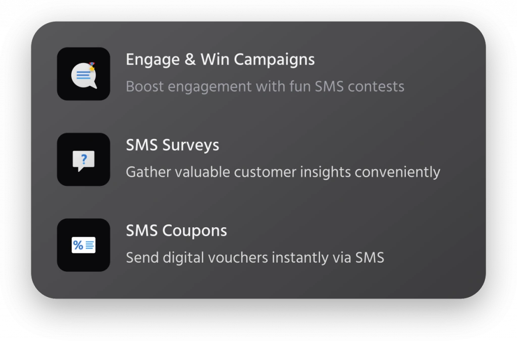 Mocean SMS Messaging Campaign dashboard features: run SMS contests, gather customer insights with surveys, and send digital vouchers via SMS coupons in Malaysia.